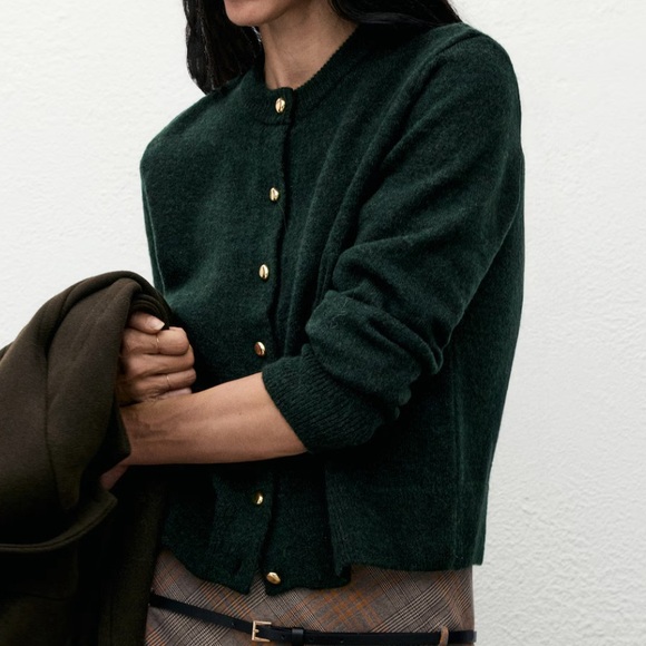 Mango Sweaters - Mango Forest Green Cardigan with Gold Buttons KNITTED BUTTON CARDIGAN